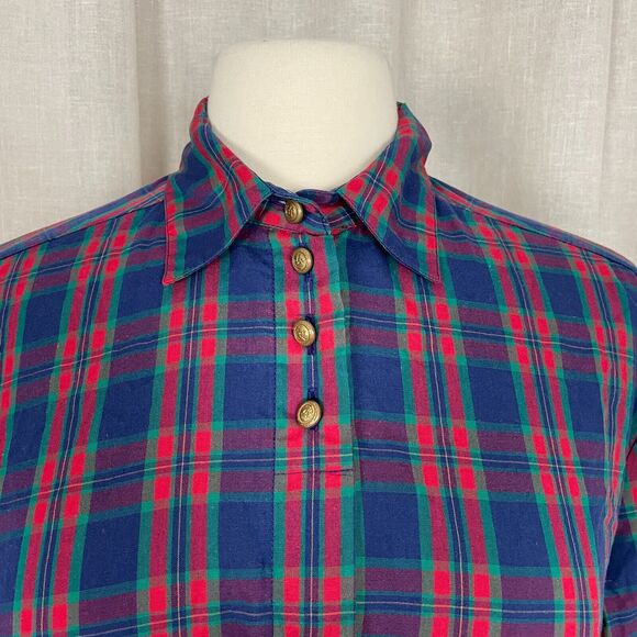 Vintage Blouse Womens Size 10 Red Blue Plaid Tartan Long Sleeve Henley Button - Picture 2 of 14